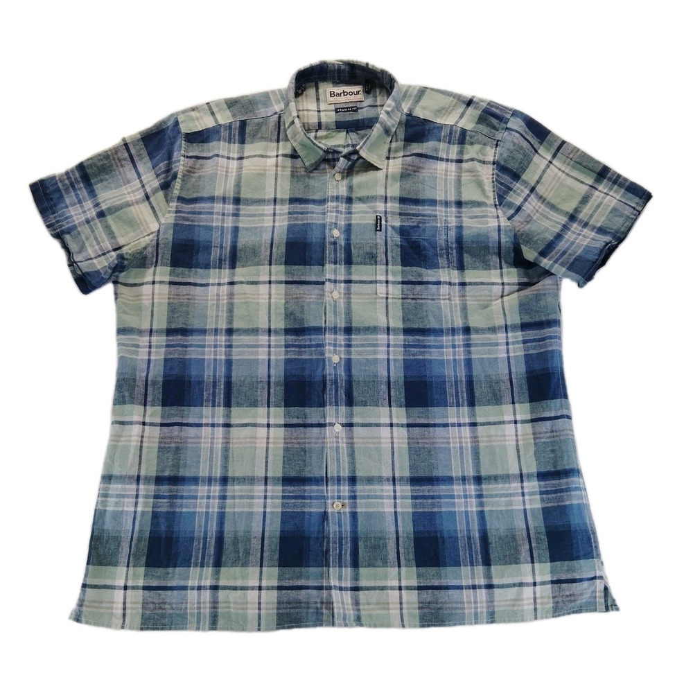Barbour Shirt Mens L Green Blue Plaid Button Up Linen/Cotton Regular Fit Casual